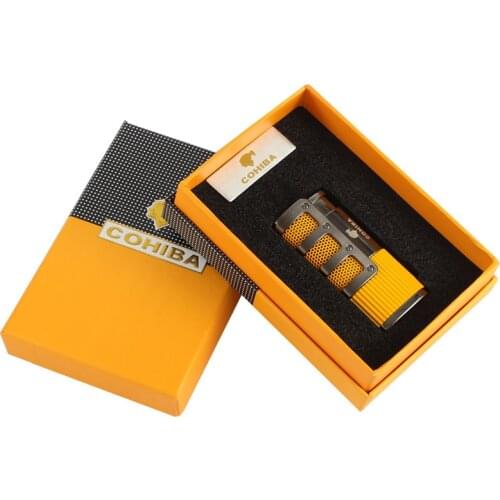 COHIBA Metal Cigar Lighter Tobacco Lighter 3 Torch Jet Flame Refillable With Punch Smoking Tool Accessories Portable Gift Box