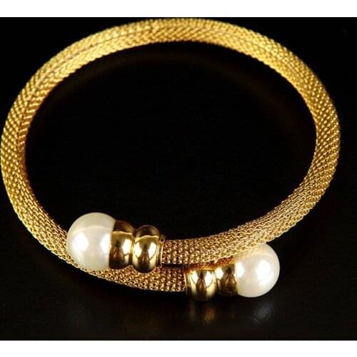 Fashion Jewelry Suit Trendy Fashion Rose Gold Color Pearl Mesh Multilayer Charm Bracelet & Bangle For Lady Wedding