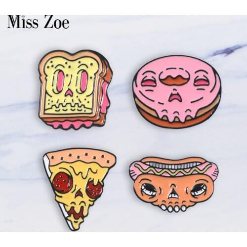 Cartoon Food Enamel pin Pizza Hot Dog Sandwich Toast Donut brooch Bag Clothes Lapel Pin Badge Jewelry Gift for Kids Friends