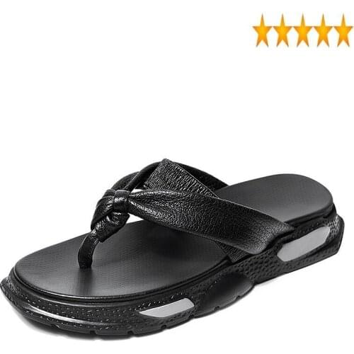 Flip 2021 Summer Street Casual Flops Men 100% Real Leather Outside Platform High Quality Black Beach Slippers Shoes