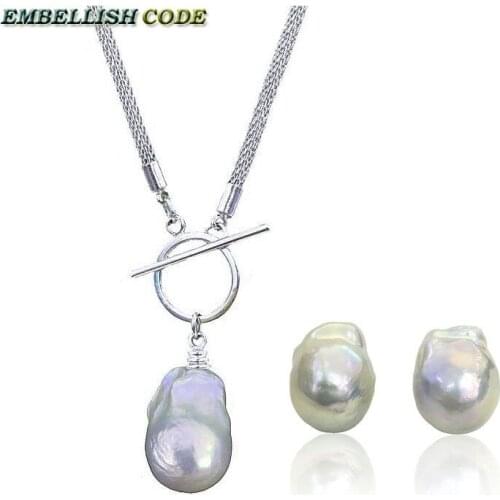 Hot simple OT IQ baroque style pearls pendant necklace stud earring set nucleated fire ball shape net chain sterling women