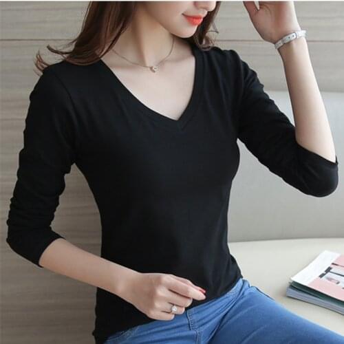 New 2021 black white ladies long-sleeve t-shirt Korean V neck Slim stretch casual bottoming shirt solid color women girls top