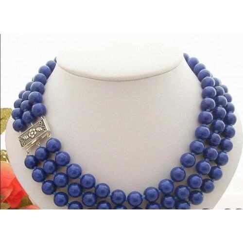 New Beautiful! 3Strds 10mm Blue lapis lazuli Necklace Silver Clasp 17"earring set