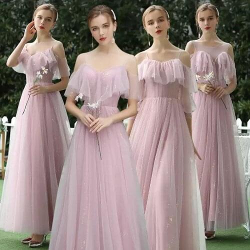 Bridesmaids Dresses Illusion A-Line V-Neck Short Spaghetti Straps Sequined Luxury Pink Lace Tulle Women Wedding Party Gown E540