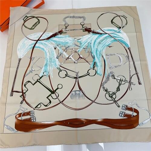 90cm Luxury Sketch Horsewhip Foulard Square Scarves Twill 100% Silk Scarf Brand Hijab Scarf Design Hand Rolled Edges Women Shawl