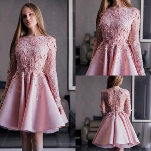 Long Sleeve Pink Prom Dresses Jewel Neck Lace Appliqued Crystal Evening Gowns A Line Short Cocktail Homecoming Dress