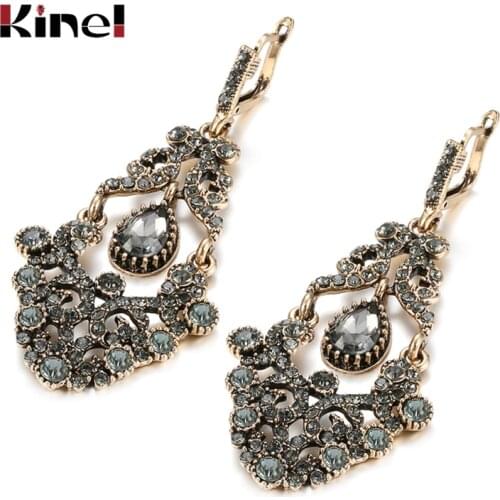 Kinel Boho Gray Crystal Bridal Long Earrings For Women Antique Gold Color Beach Party Earrings Vintage Fashion Jewelry