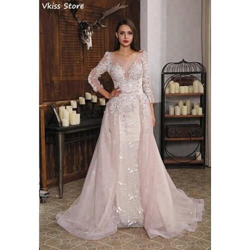 Light Pink Evening Dress Mermaid Applique Sweep Train O-neck Detachable Sweep Train Backless Prom Dress вечернее платье