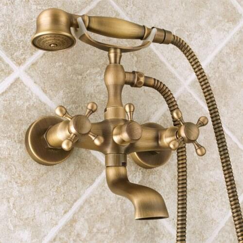Bathroom Brass Wall Mounted Mixer Tub Filler Shower Faucet Sets,Telephone Shaped Handheld Shower Tub Faucet,Double Crosss Handle