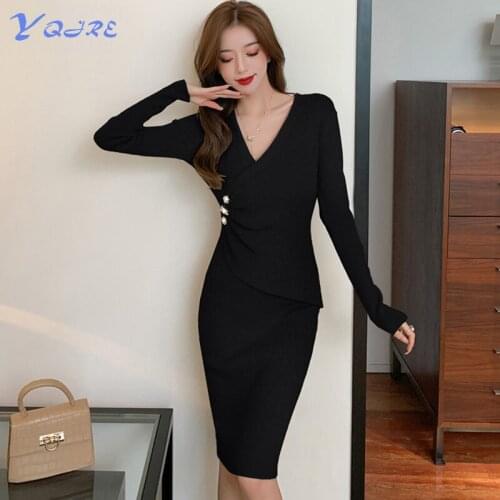 YQJRE New Autumn And Winter Womens Tight Sexy Knit Long Sleeve V-neck Mini Club Button Dress