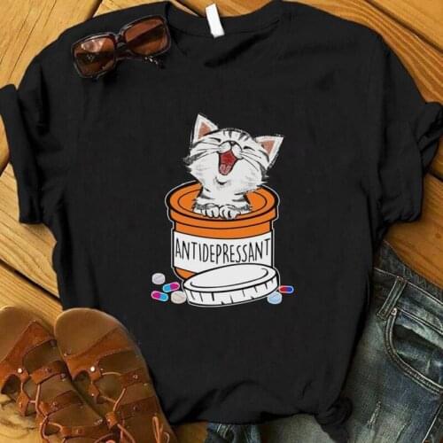 Newest Womens Summer Funny Animal Printed T shirts Antidepressant Letter Print Casual Black Streetwear Cotton Tees 2021 Trend