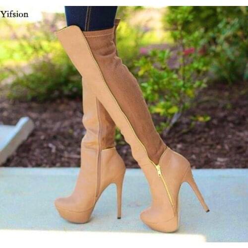 Olomm Women Platform Thigh High Boots Stiletto High Heels Boots Round Toe Apricot Black Party Shoes Women Plus US Size 5-15