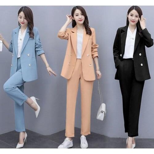 Women Blazer Pants Sets Two Pieces Office Ladies Double Breasted Elegant Long Sleeves Outerwear High Waist Pants Womens Suits