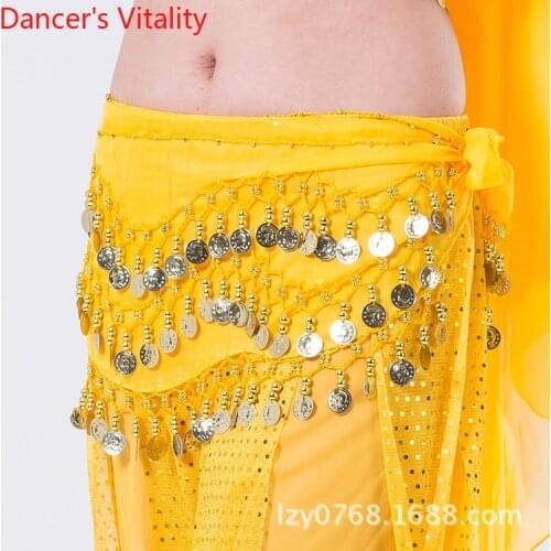 Belly Dance Female adult temperament Tulle Waist Chain Apparel Women 3 Row Coins Hip Scarf Practice Accessories