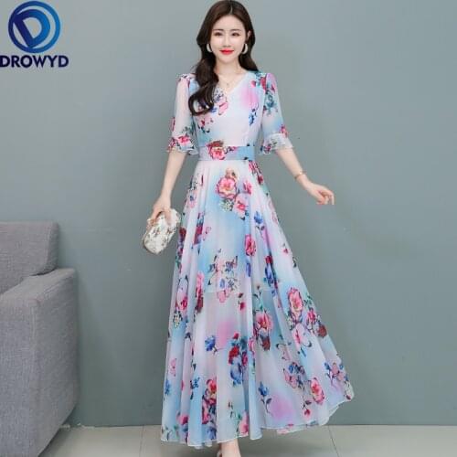 2021 Beach Maxi Dress for Women Summer New Fashion Short Sleeve V-neck Bodycon Blue Print Dress Elegant Party Dresses Vestidos
