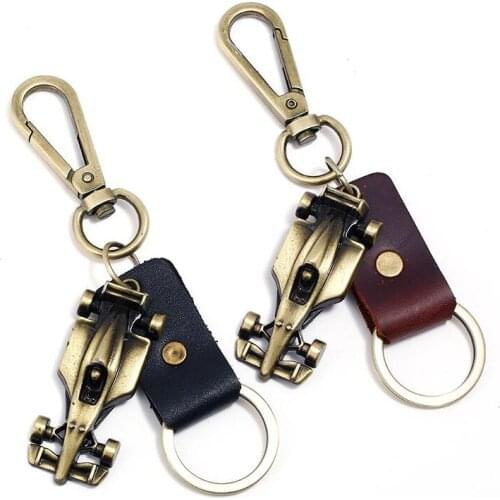 Punk Rock Racing Car Key Chain Metal Bronze Pendant Black Brown Genuine Leather Keychain Bag Holder Fashion Vintage Jewelry Gift