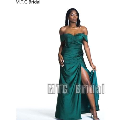 Long Dark Green Prom Dresses With Slit Pleat Satin Off The Shoulder African Women Party Dress Plus Size Evening Formal Gowns