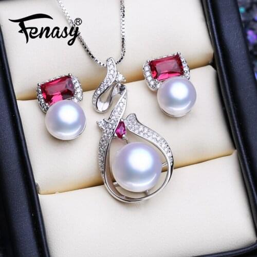 FENASY 925 Sterling Silver Jewelry Sets For Women Natural Pearl Stud Earrings Bohemian Pendant Necklace Party Ruby Set