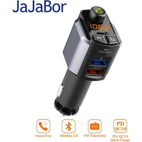 JaJaBor FM Transmitter Bluetooth 5.0 Car Kit Handsfree Car MP3 Player Dual USB PD18W + QC3.0 Car Charger Support U Disk Playback