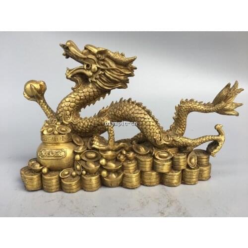 9'' Classica Brass carved home fengshui wealth cornucopia dragon statue
