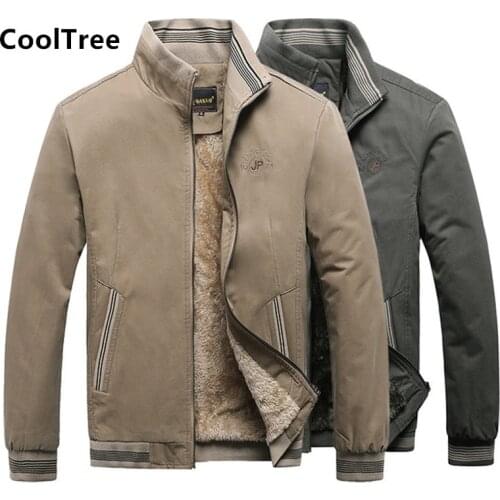 CoolTree Men Casual Jackets Winter Solid color Plus velvet lining Thick Warm Coats Male Slim Fit Stand collar Outerwear Tops 5XL