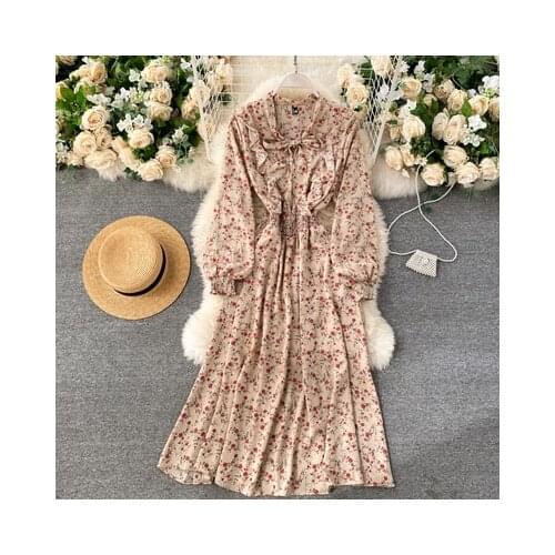 Sweet Ruffled Slim Dress Spring New Female Knee-Length Long Sleeve Vintage Floral Elastic Waist Womens Dress