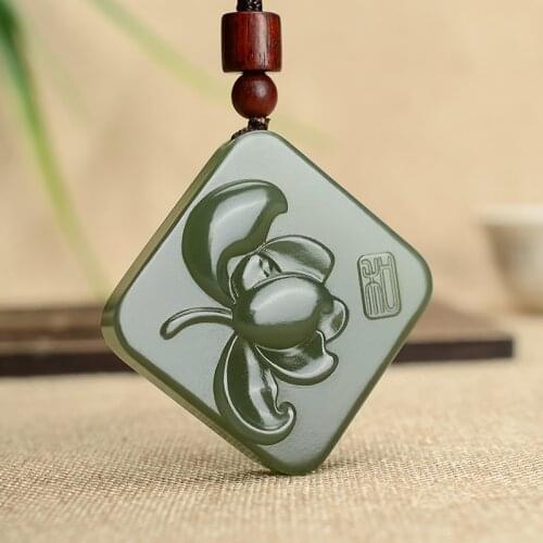Natural green jade pendant hand carved lotus pendants necklace top brand men women real jade jewelry jadeite jade necklace