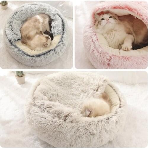 Plush Pet Dog Cat Bed House Warm Round Cat Kitten Bed Semi-Enclosed Winter Cat Nest Kennel Cats Sofa Mat Basket Sleeping Bag