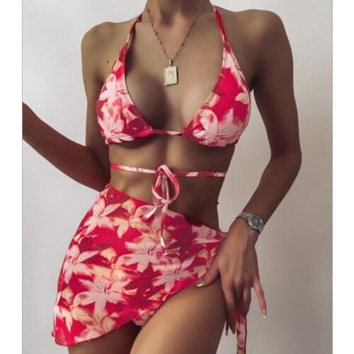 Sexy Women Swimsuit 2021 Floral Print Three Pieces Bikini Cover Up Set Push Up Bandage Swimwear High Waist Summer Bathing Suit