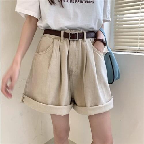Vintage Rolled Womens Denim Shorts 2021 New High Waist Shorts Casual Loose Fashion Plus Size Wide Leg Apricot Short Jeans Girl