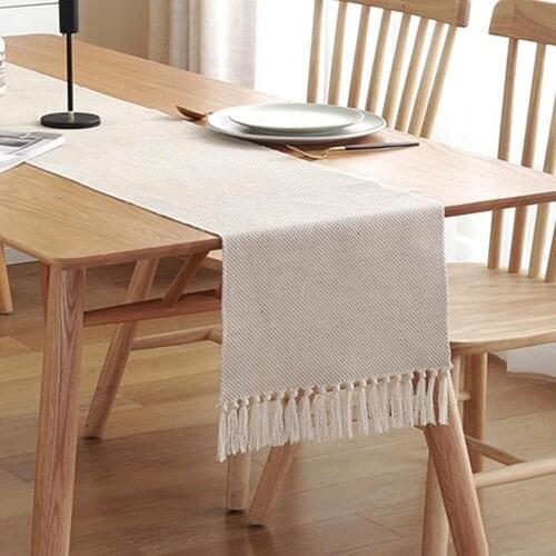 Cilected Modern Simple Table Runner Beige Handmade Tassel Cotton Linen Tablecloth Household Runners Table Decoration