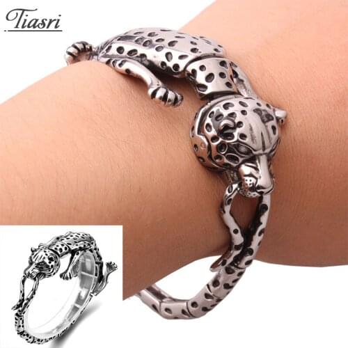 Tiasri Cheetah Design Mens Bracelet on the Hand Silver Color Stainless Steel Jewelry Punk Hip-hop Style Accessories Best Gifts