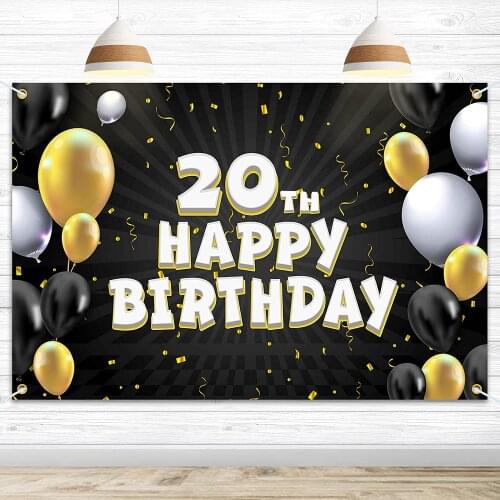 Happy 20th Birthday Banner Photography Backdrop-20 Years Old Birthday Decorations Party Supplies Black Yellow Vinyl Background