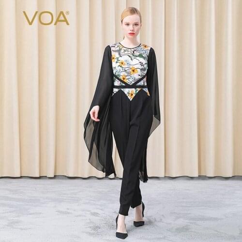 VOA 36m/m Elastic Heavy Crepe O-Neck Feifei Sleeve Impact Stitching Embroidered Elastic Black Elegant Temperament Jumpsuit KE355