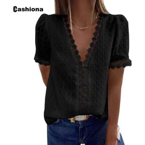 2021 Summer New Tees Women Elegant Leisure Casual T-shirt Deep V-neck Embroidery Lace Tops Plus Size feminina shirt ropa mujer