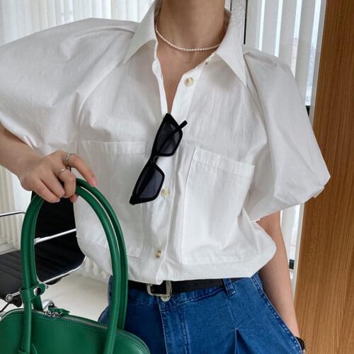 Womens Shirt Cotton Puff Sleeve Shirts for Women Summer Top Short Sleeve Solid Color Pocket Turn-down Collar Blouses and Shirts