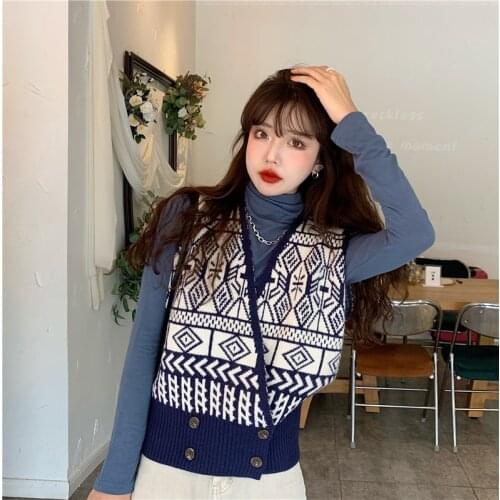 Women Knitted Tank Top 2021 Korean Style Vintage Geometric Argyle Double Breasted V Neck Sleeveless Cardigan Sweater Vest T602