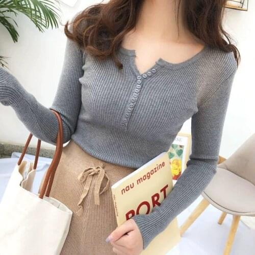 V-neck Sweater For Women Spring Autumn Long Sleeve Black Knitted Top Women