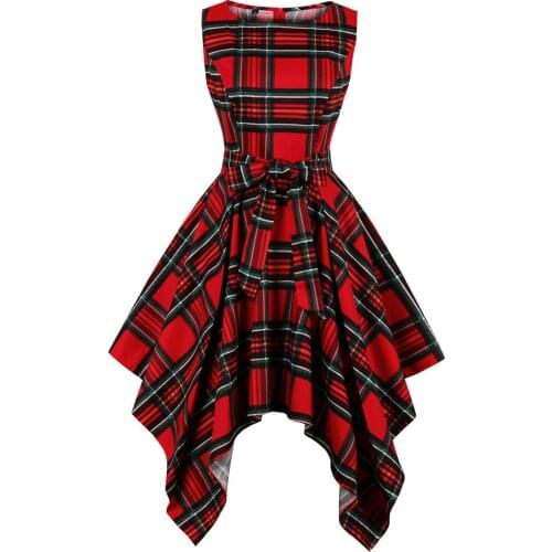 4XL Plus Size Women Checks Print Round Neck Irregular Hem Dress Retro Sleeveless Pin Up Vestidos 60s Cotton Party Dress