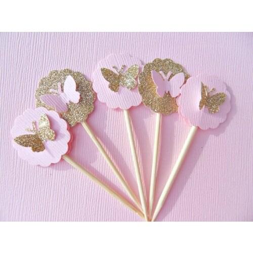 Gold Glitter Butterfly engagement Cupcake Toppers wedding bridal shower Party treat toothpicks photo booth props