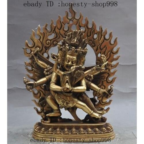 10"Tibet buddhism Brass 3 Head 6 Arms Vajra Mahakala Yamantaka god buddha Statue
