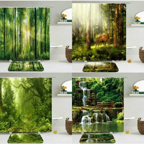 2pcs/set 3d Natural Forest Green Plants Shower Curtain Set Mat Bath Curtains Waterproof Cloth + Non-slip Mat Toilet Bathroom