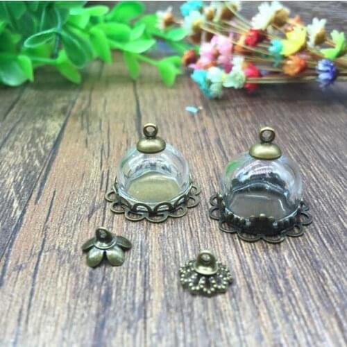 5sets/lot 15mm glass globe dome with antique bronze double lace base cap finding glass vial pendant hollow glass necklace