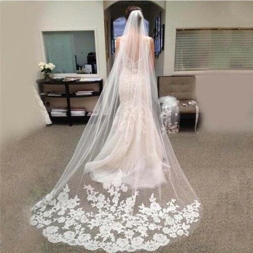 White Ivory Cathedral Wedding Bridal Lace Applique Edge Veil & Comb 3M