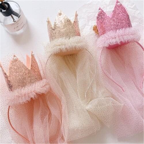 Lovely Pearl Crown Birthday Caps With Long Veil Girls Birthday Sequins Head Hoop Princess Party Decorations Headwear Accessories