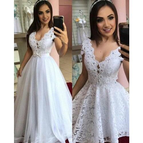 Verngo Lace Short 2 in 1 Wedding Dress Detachable Organza Overskirt Pearls V Neck Cap Sleeves Bow Bride Receiption Party Gowns