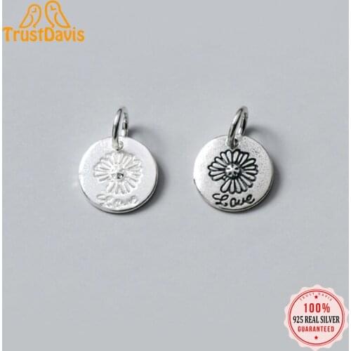 Trustdavis Real 925 Sterling Silver Fashion Sweet Round Coin Flower Love Charm Pendant Handmade DIY Accessories Jewelry DZ211
