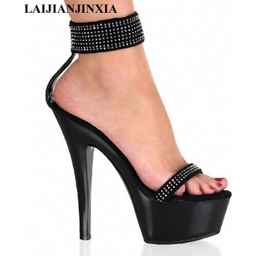 LAIJIANJINXIA Fashion Rhinestone Ankle Strap Leather Sandals 15CM Super High Heel Platform Star/Model/Party Shoes, Wedding Shoes