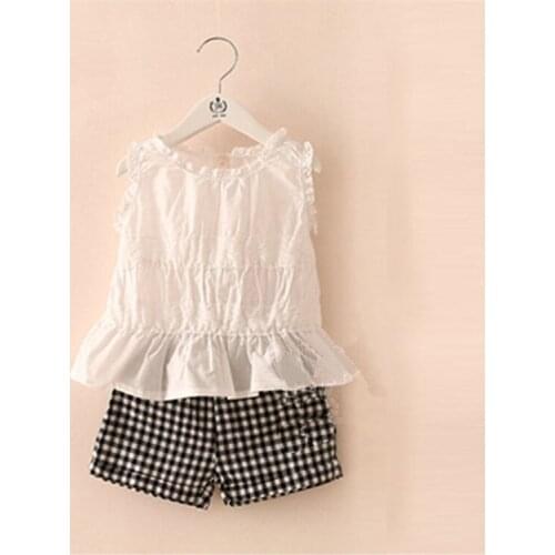 Summer Kid Girls Lace Short T-shirt Plaid Pant Baby Girls Solid Color Vest Little Girls Fashion Clothing Sets 6092