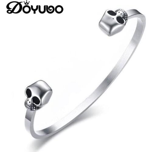 DOYUBO European Punk Style Mens 4mm Double Ghost Head Bracelet Stainless Steel Opening Bangle Male Fashion Accessories DD092